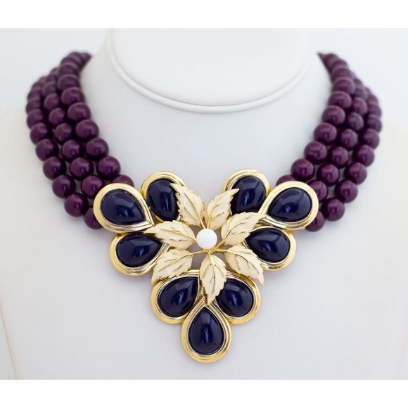 Vintage Art Nouveau Leaves Stylish Beads Elegant Bib Necklace 16 inch A21 - Picture 2 of 3